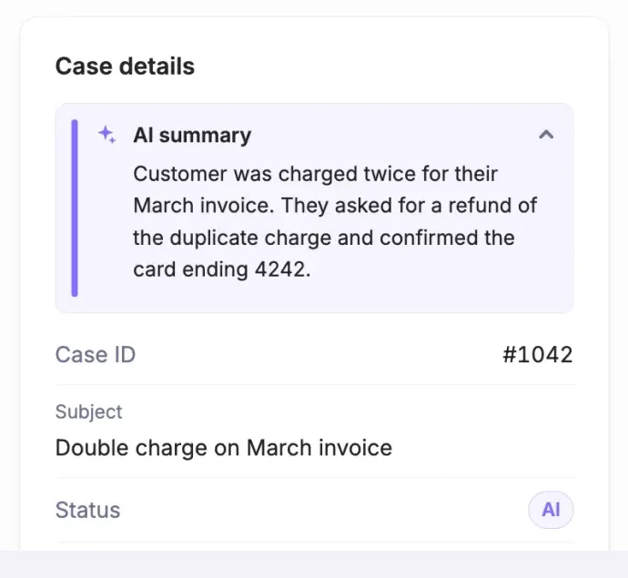 A case card with an AI-written summary, status and priority
